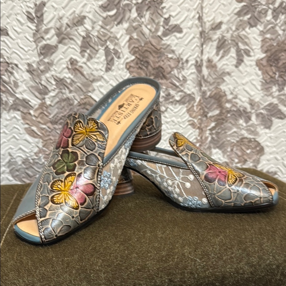 Spring Step Yellow and Pink Mules with Floral Embroidery